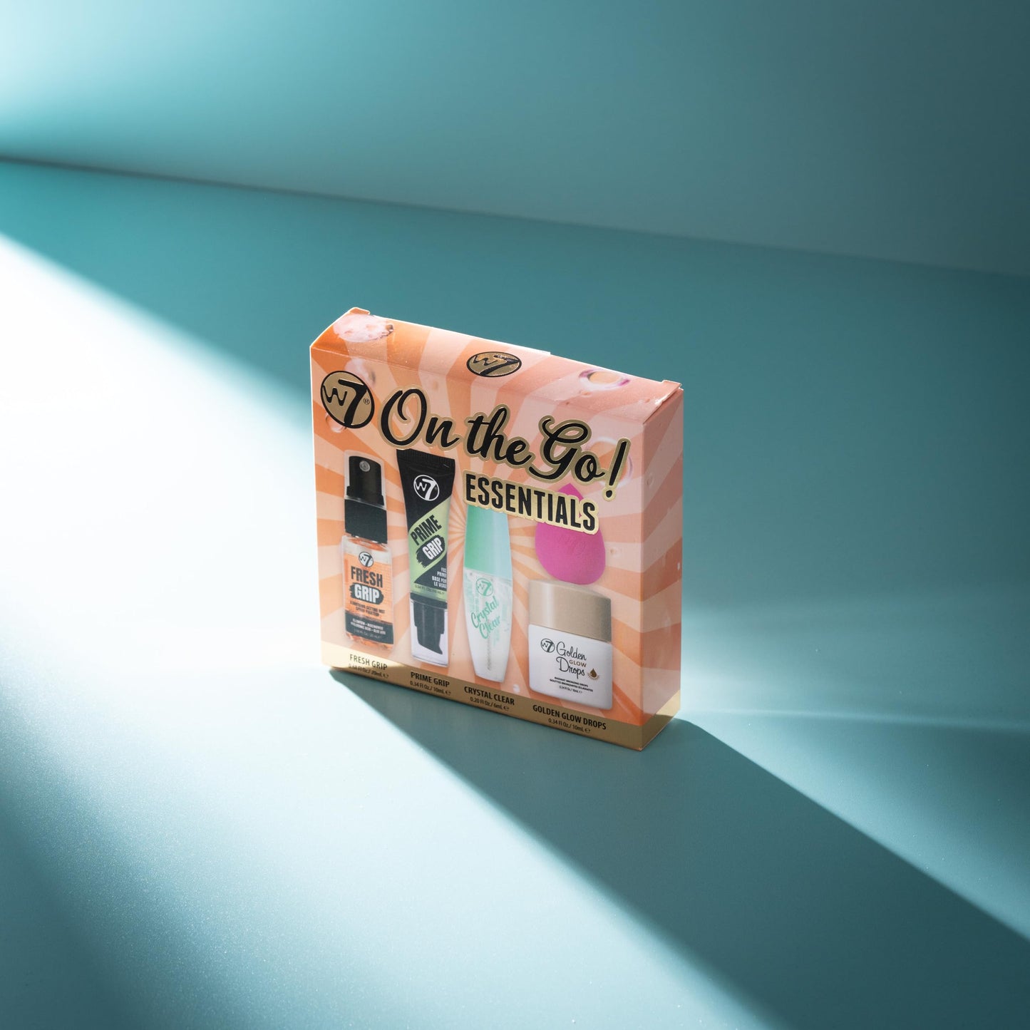 W7 On the Go Essentials - Mini Makeup Must-Haves with Primer, Setting Spray, Mascara, Golden Glow Bronzing Drops & Beauty Sponge - Travel or Handbag Size Essentials