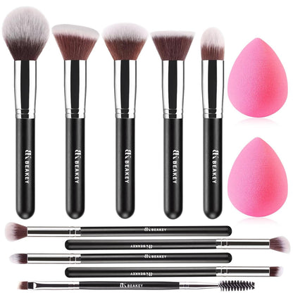 BEAKEY Diversity Makeup Brushes 12 Pcs Makeup Kit, Premium Synthetic Kabuki Foundation Face Powder Concealer Eyeshadow Blush Set, with 2 Pcs Blender Sponges (Black/Silver)