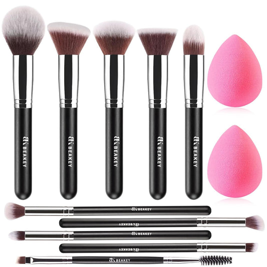 BEAKEY Diversity Makeup Brushes 12 Pcs Makeup Kit, Premium Synthetic Kabuki Foundation Face Powder Concealer Eyeshadow Blush Set, with 2 Pcs Blender Sponges (Black/Silver)