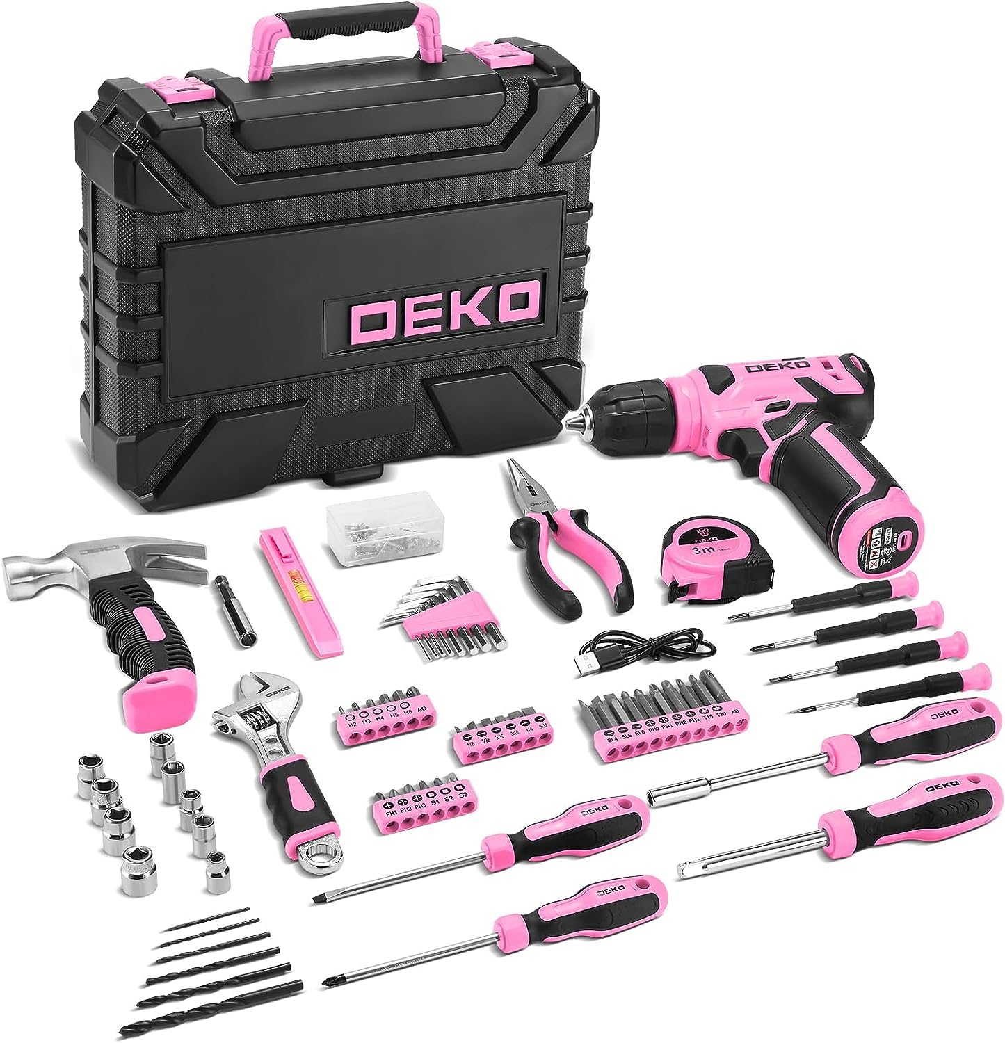 DEKO Pink Tool Kit: 126-Piece DIY Set with 8V Cordless Drill, Electric Drills & Hand Tools for Women