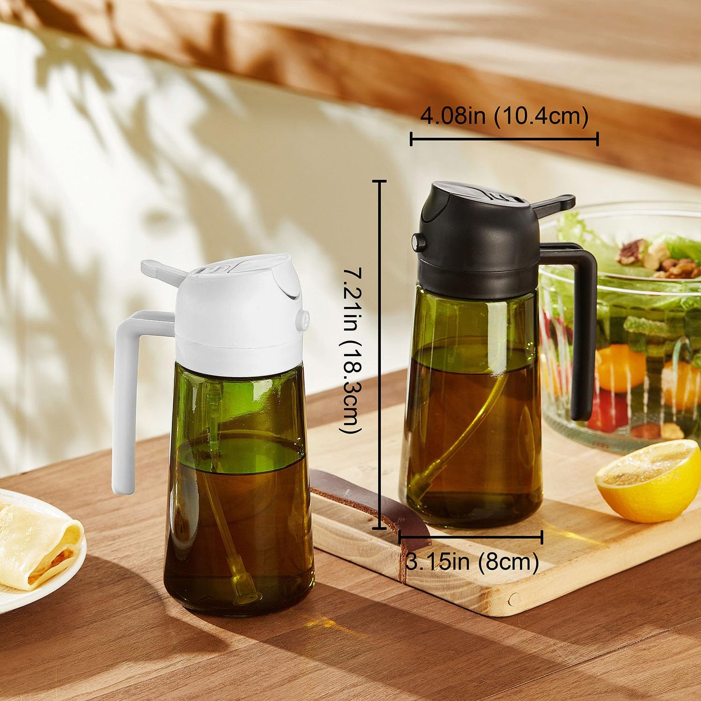 TrendPlain 470ml Olive Oil Spray Bottle - 2 in 1 Olive Oil Dispenser Bottle for Kitchen Accessories - Kitchen Gadgets, For Air Fryer - with Stickers, Light Blocking - Ash