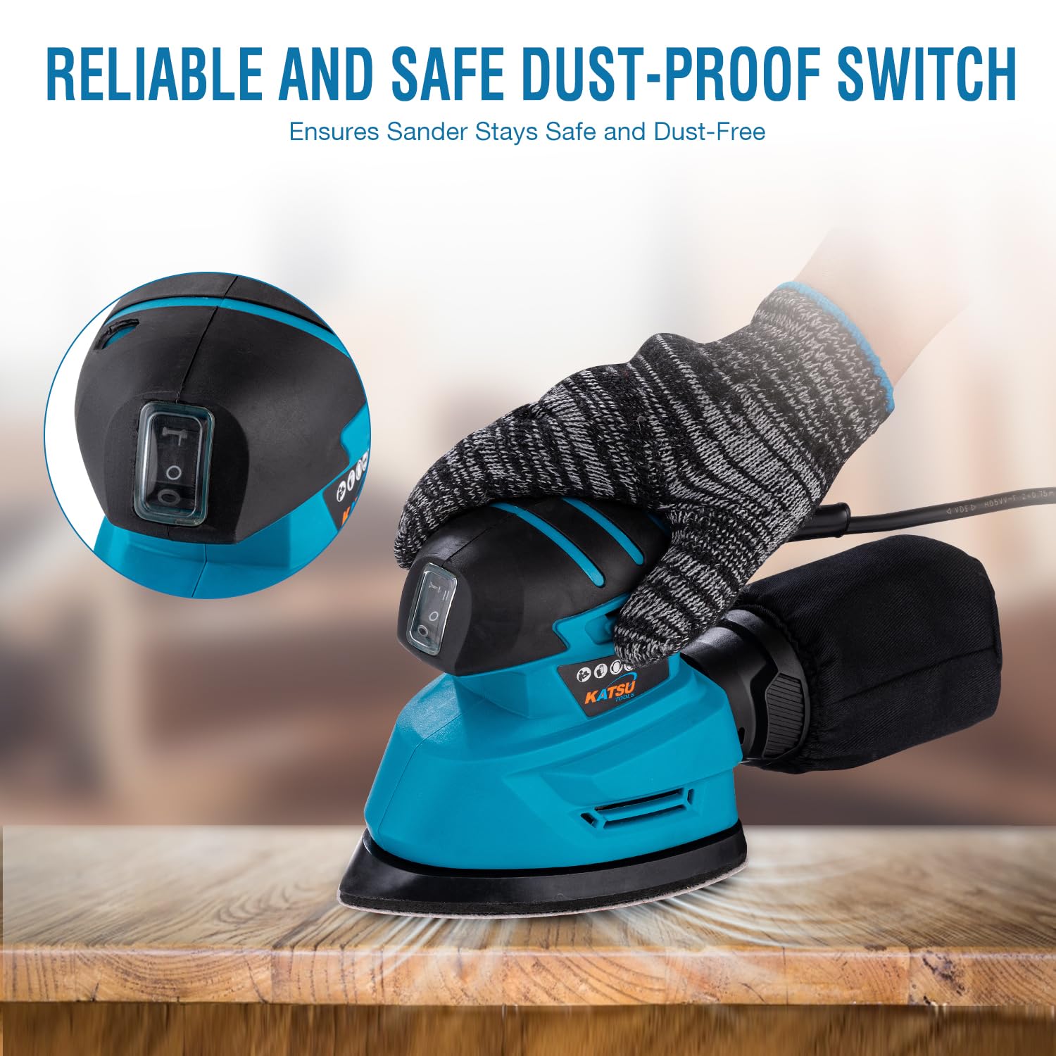 KATSU Tools Electric Detail Sander, 130W Palm Sander for Wood with Dust Collection and 10 PCs Sanding Pads, for Home Decoration DIY Furniture Finishing (Budget)