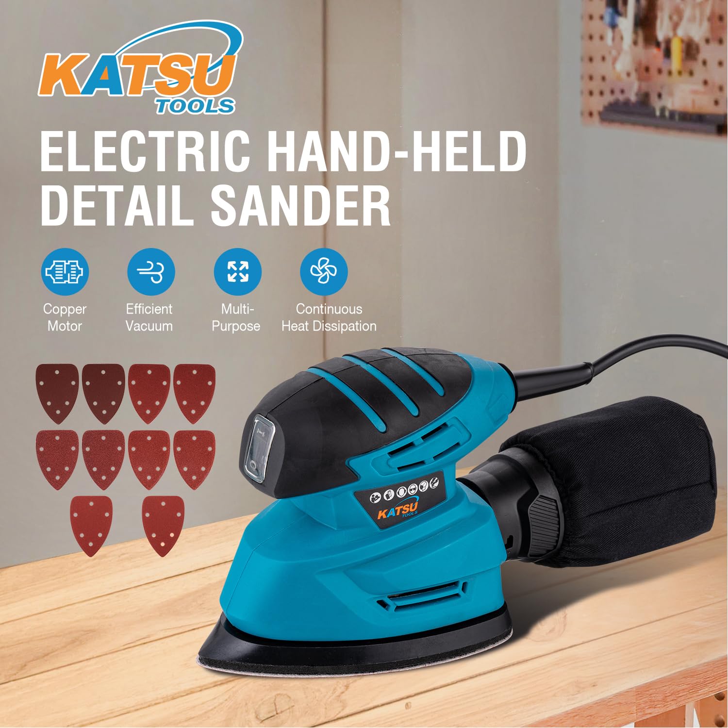 KATSU Tools Electric Detail Sander, 130W Palm Sander for Wood with Dust Collection and 10 PCs Sanding Pads, for Home Decoration DIY Furniture Finishing (Budget)