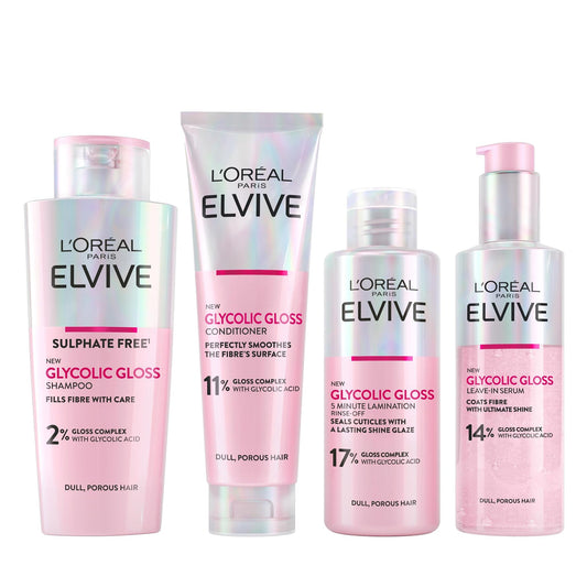 L'Oréal Paris Elvive Glycolic Gloss Shampoo, Conditioner and Rinse-Off Treatment Set for Dull Porous Hair, Get The Shiniest Hair of Your Life, Glossing Routine for Mirror-Like Shine