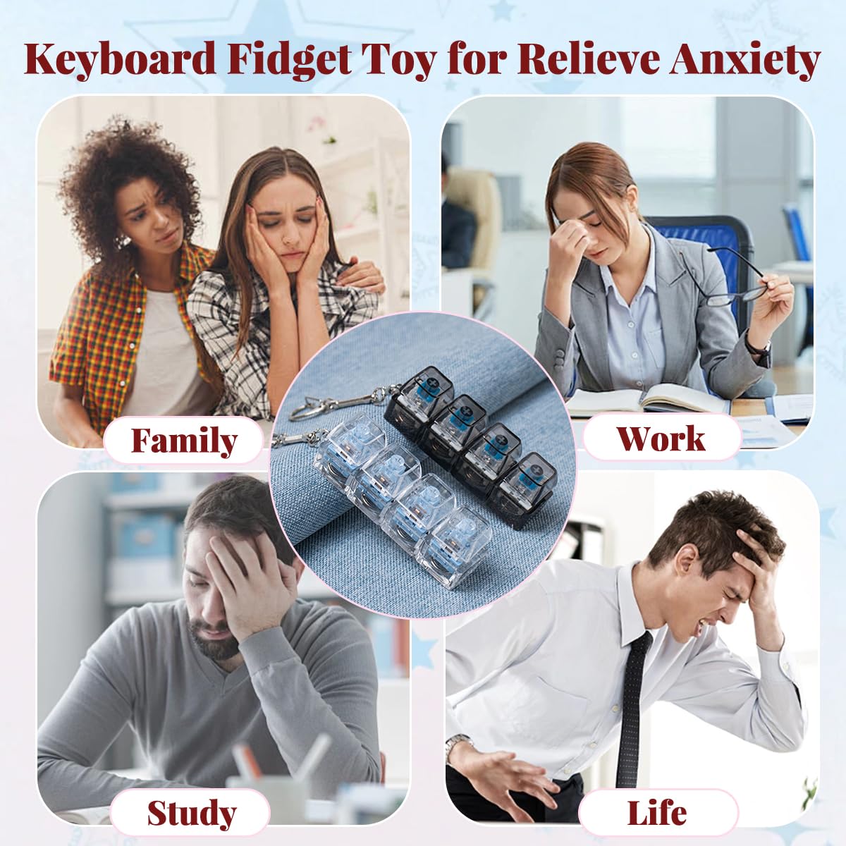 2 Pcs Keyboard Fidget Toy for Adults Fidget Keyboard Clicker Toys with LED Lights Keychain Stress Relief for Anxiety Decompression (Black and White)