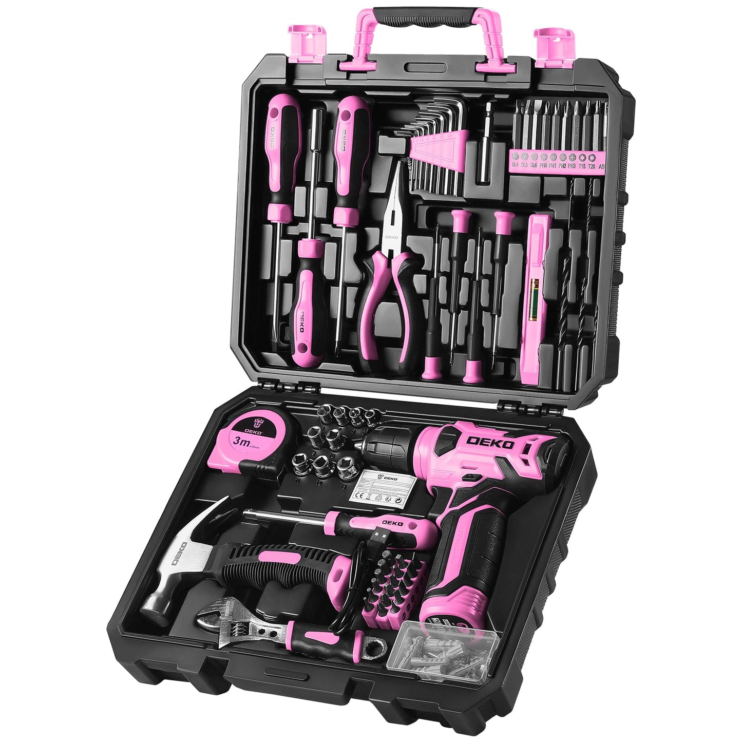 DEKO Pink Tool Kit: 126-Piece DIY Set with 8V Cordless Drill, Electric Drills & Hand Tools for Women