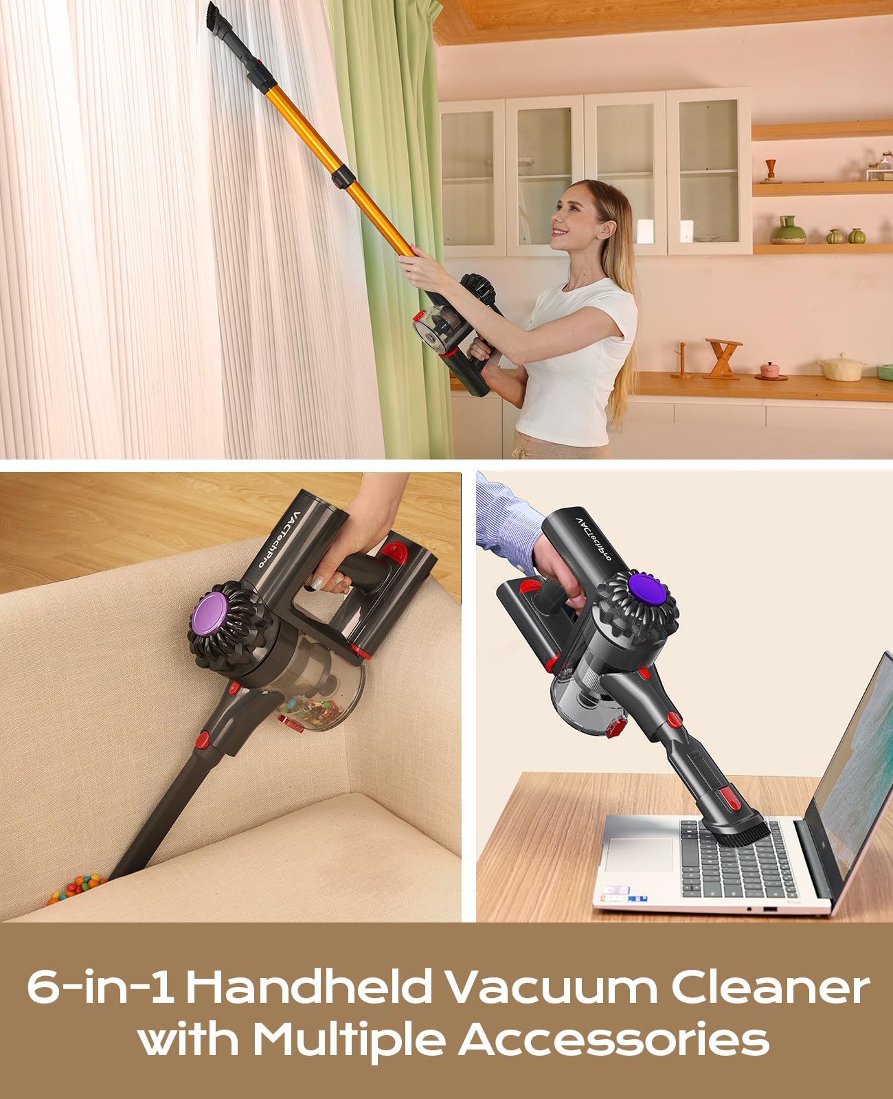 VACTechPro Cordless Vacuum Cleaner, 35KPA 6-in-1 Stick Vacuum, Up to 45Mins Runtime Lightweight Vacuums with Detachable Battery, for Hardwood Floor Carpet Car Pet Hair
