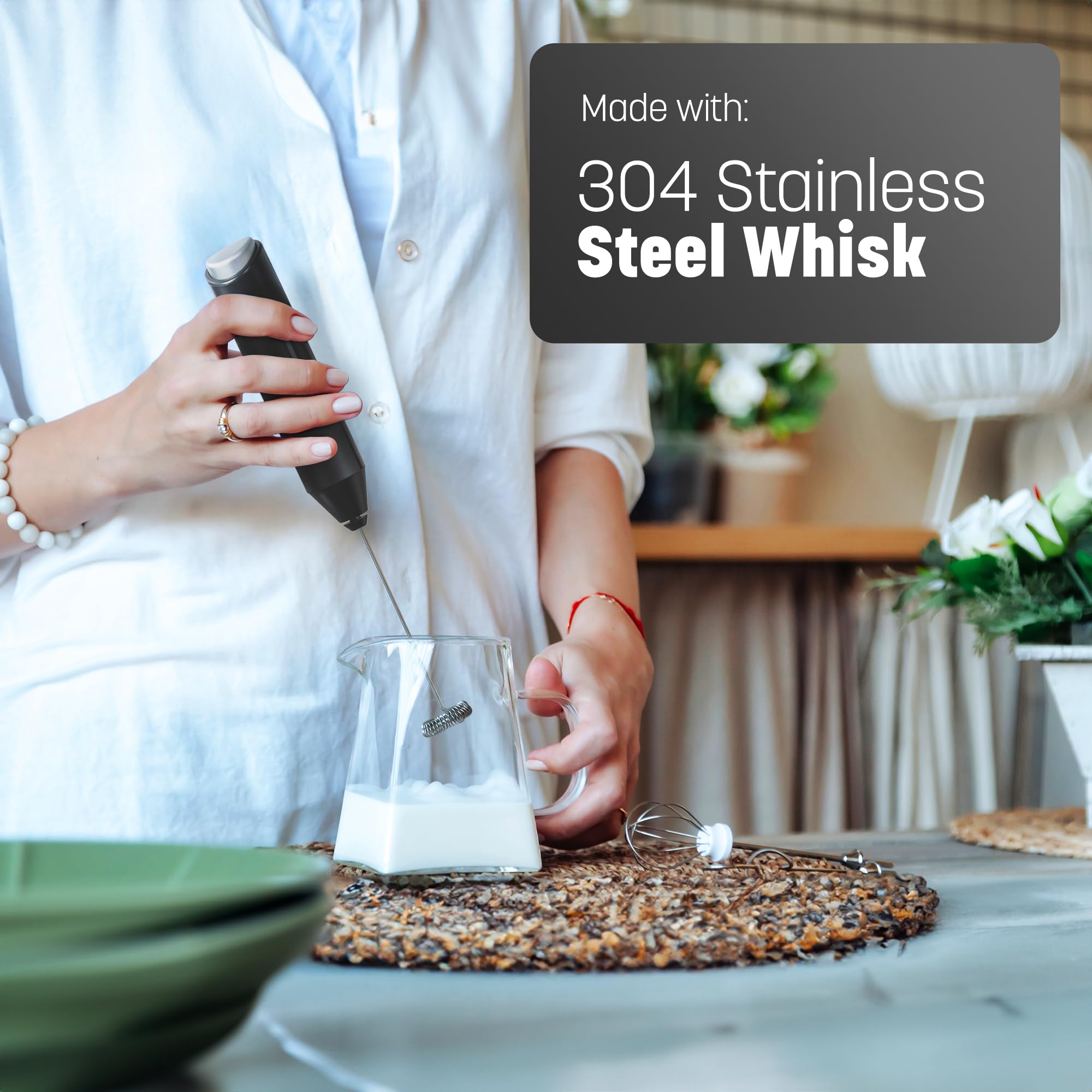 Keplin Handheld Milk Frother - Stainless Steel Electric Whisk - Portable Battery-Operated Coffee Frother for Lattes, Matcha, Protein Shakes - Ergonomic, Compact, Easy to Clean (Battery Not Included)