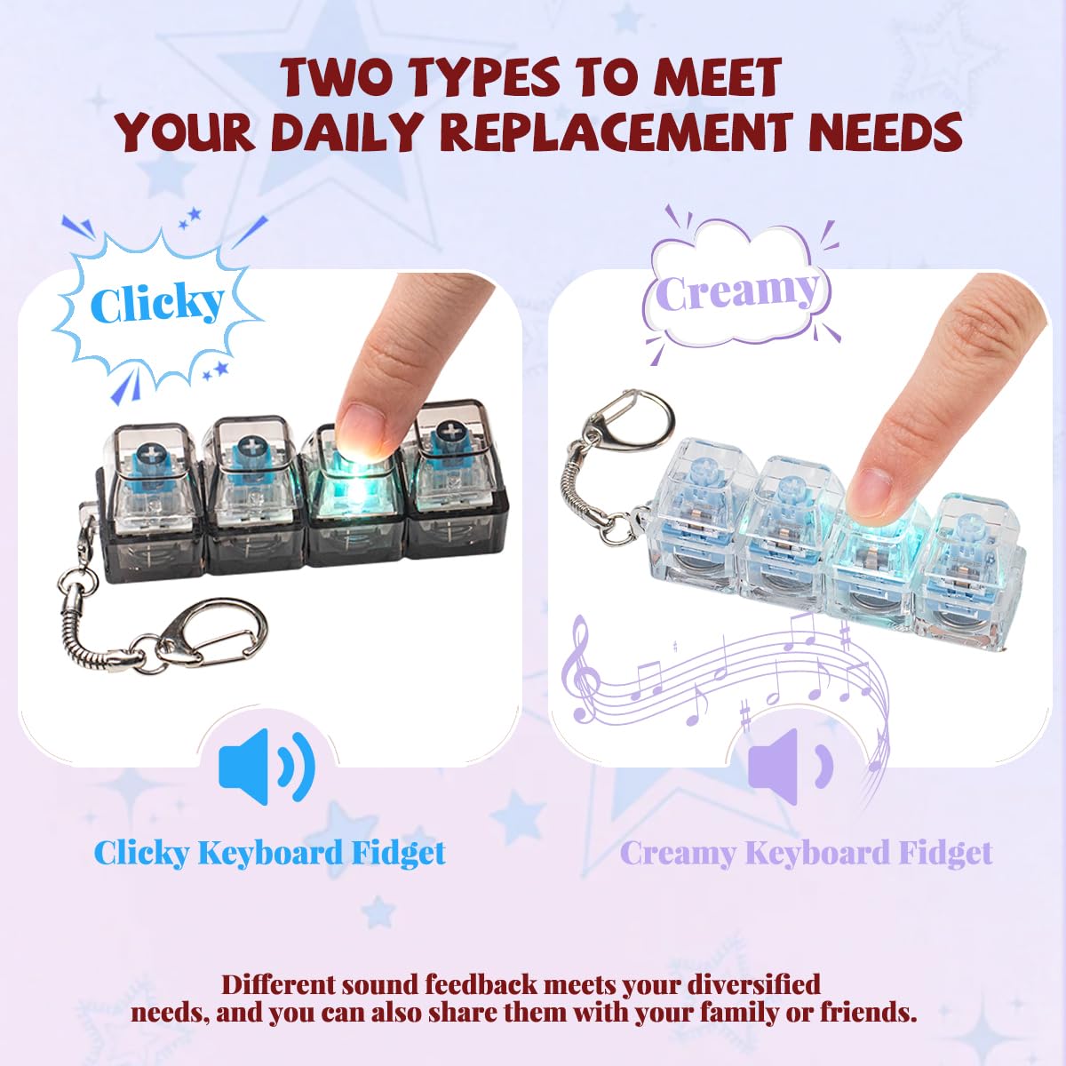 2 Pcs Keyboard Fidget Toy for Adults Fidget Keyboard Clicker Toys with LED Lights Keychain Stress Relief for Anxiety Decompression (Black and White)