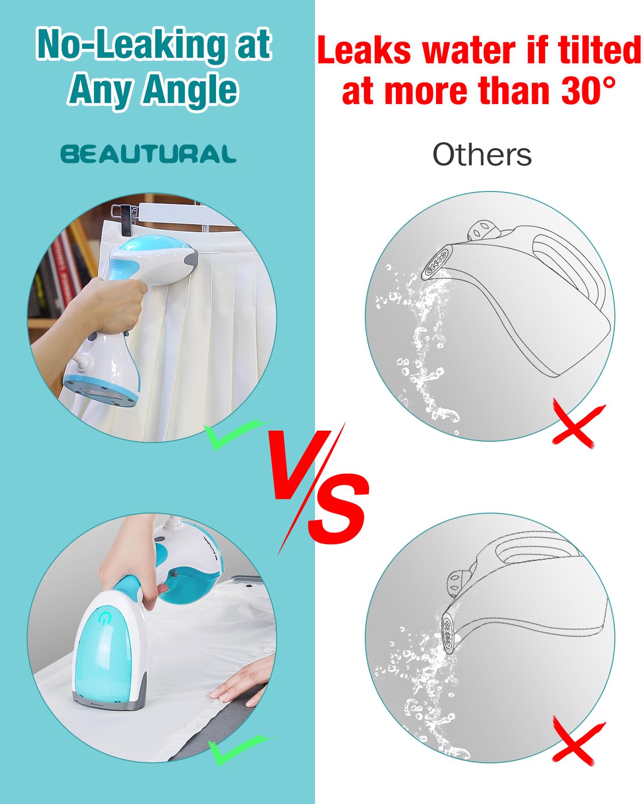 BEAUTURAL Clothes Steamer, Portable Handheld Steamer, Garment Fabric Wrinkles Remover, 30-Second Fast Heat-up, Auto-Off, Large Detachable Water Tank