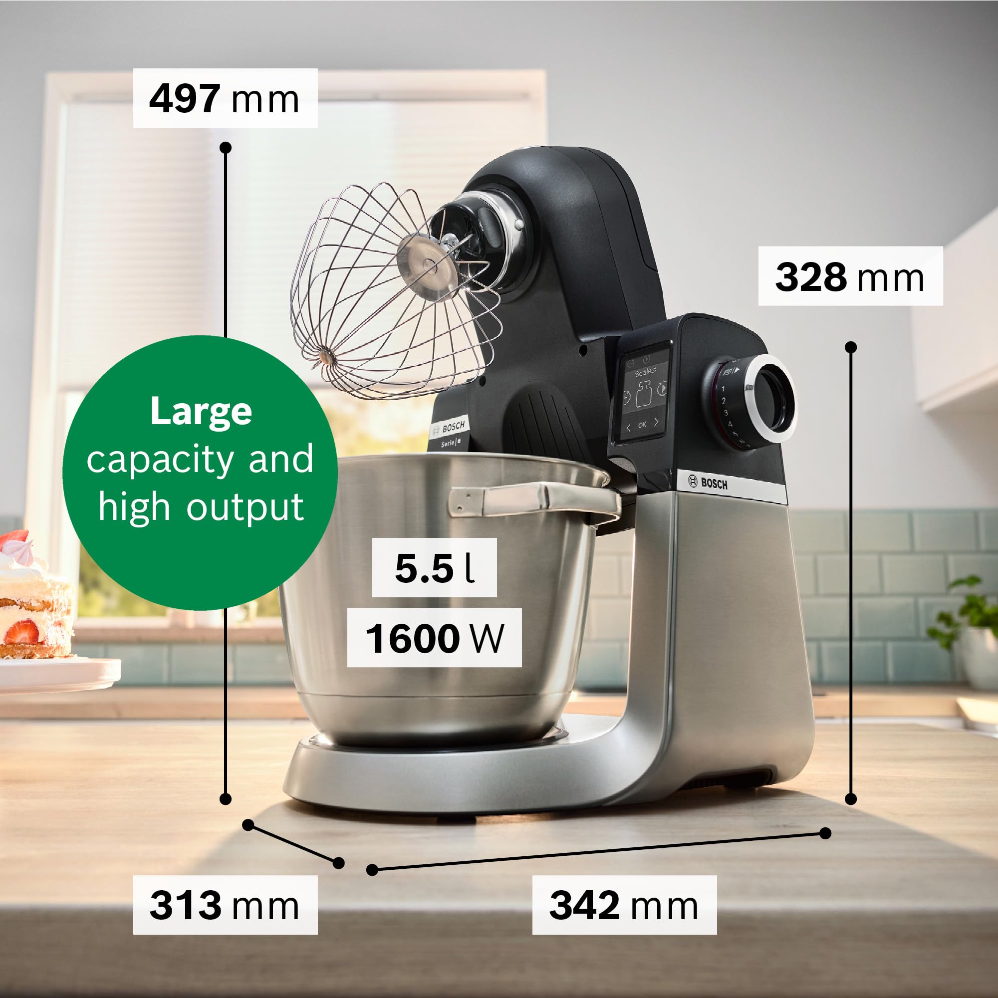 Bosch Series 6 MUMS6ZM00G Stand Mixer with Intelligent Sensing Technology and Integrated Scale, Professional Patisserie Set Included, 1600W. Black/Silver Stainless Steel