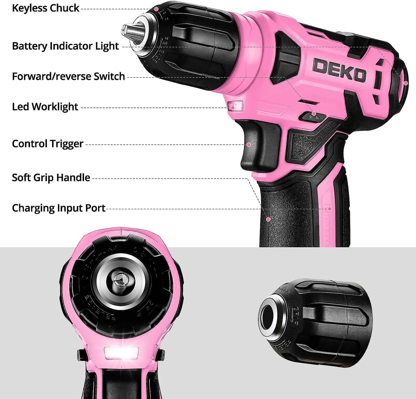 DEKO Pink Tool Kit: 126-Piece DIY Set with 8V Cordless Drill, Electric Drills & Hand Tools for Women