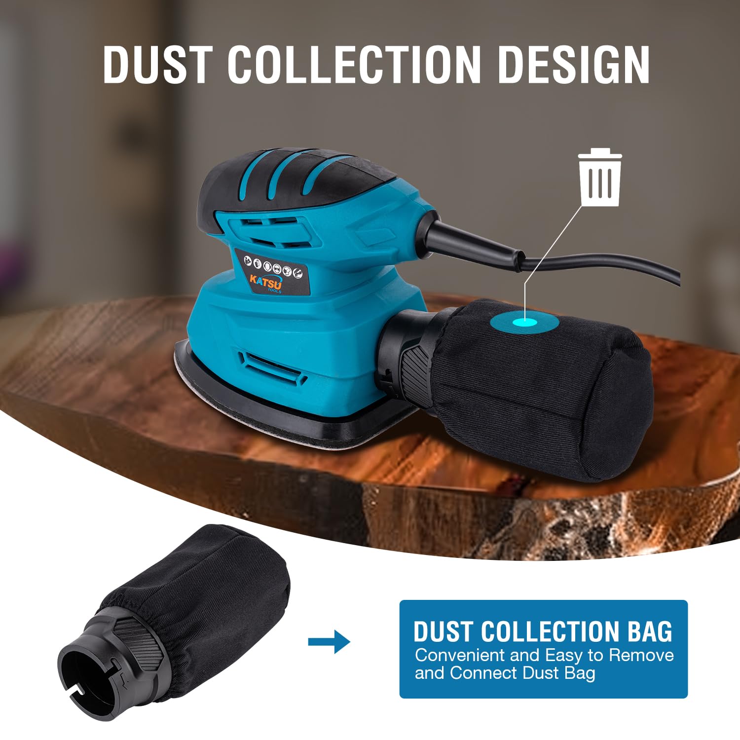KATSU Tools Electric Detail Sander, 130W Palm Sander for Wood with Dust Collection and 10 PCs Sanding Pads, for Home Decoration DIY Furniture Finishing (Budget)