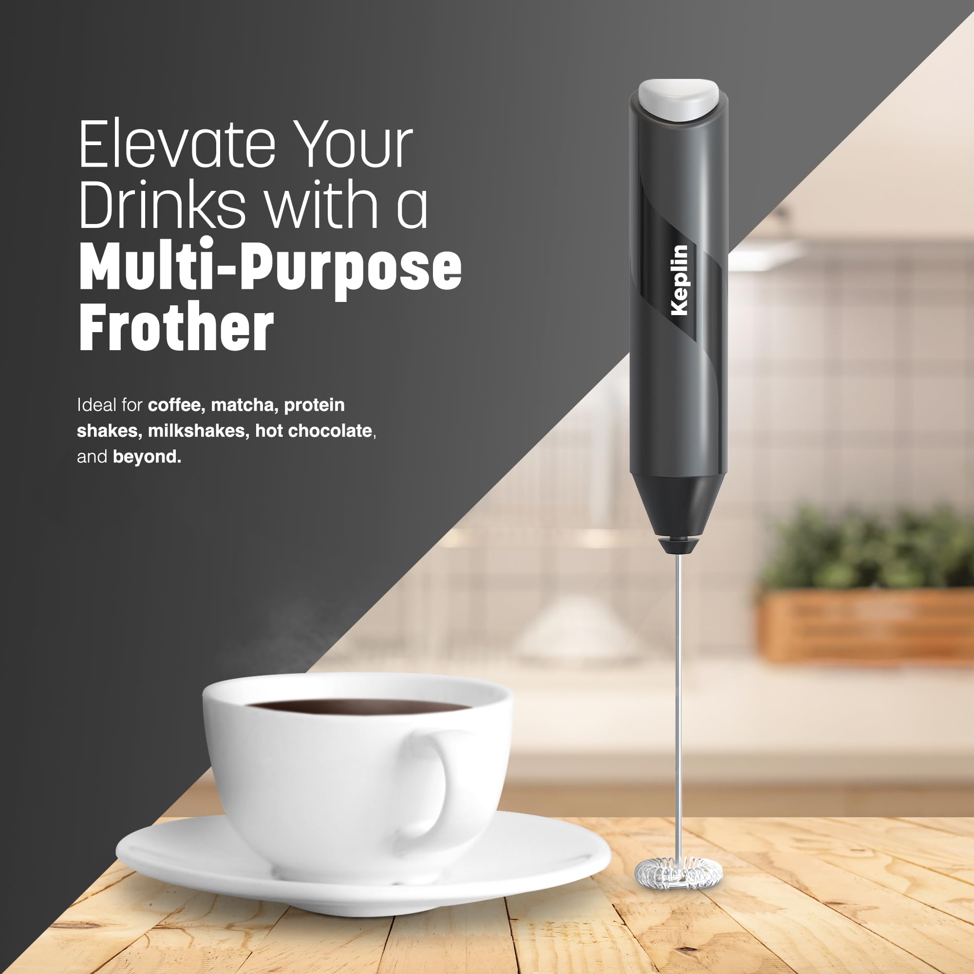 Keplin Handheld Milk Frother - Stainless Steel Electric Whisk - Portable Battery-Operated Coffee Frother for Lattes, Matcha, Protein Shakes - Ergonomic, Compact, Easy to Clean (Battery Not Included)
