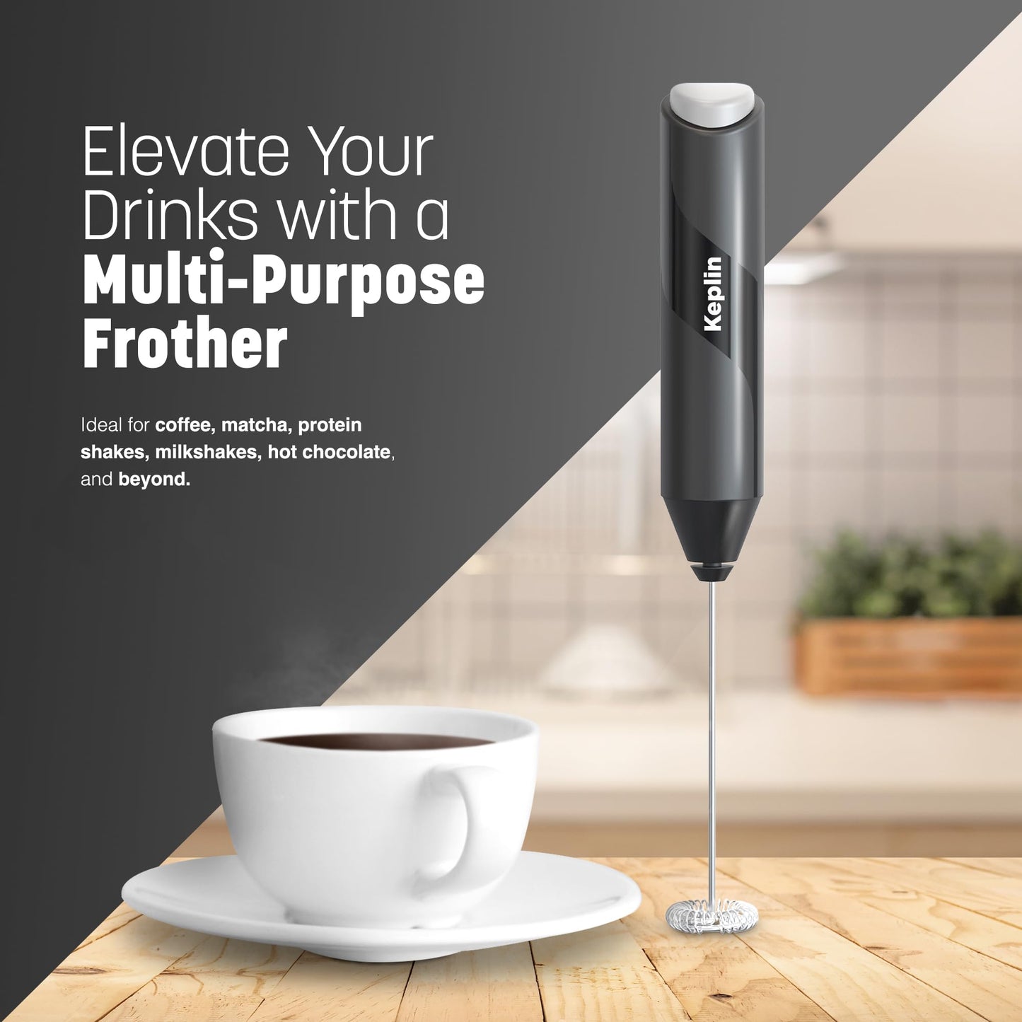 Keplin Handheld Milk Frother - Stainless Steel Electric Whisk - Portable Battery-Operated Coffee Frother for Lattes, Matcha, Protein Shakes - Ergonomic, Compact, Easy to Clean (Battery Not Included)