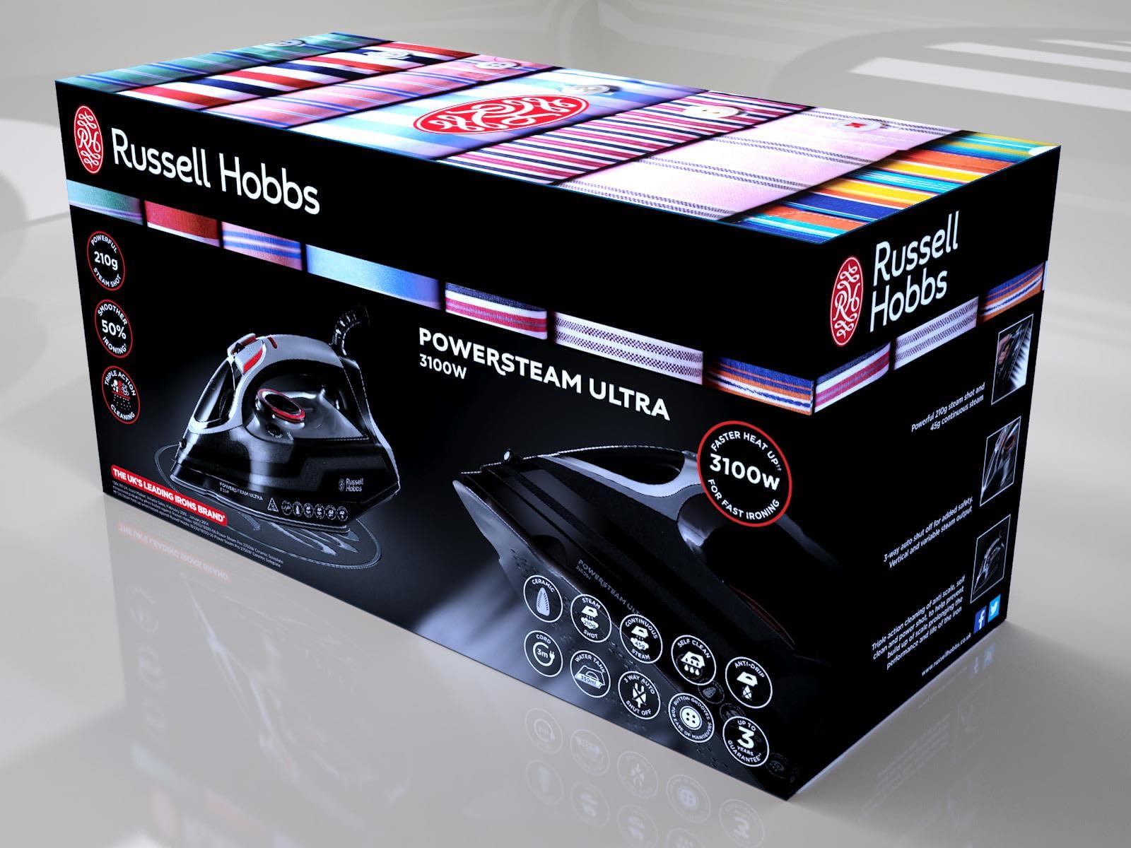 Russell Hobbs Steam Iron [3100W, 210 g/min extra steam boost, 70 g/min steam] Power Steam (350ml, ceramic soleplate, self-cleaning & spray water function, anti-limescale, drip stop) 20630