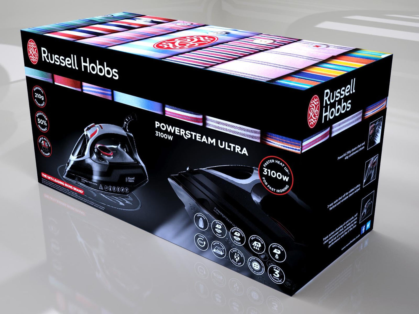 Russell Hobbs Steam Iron [3100W, 210 g/min extra steam boost, 70 g/min steam] Power Steam (350ml, ceramic soleplate, self-cleaning & spray water function, anti-limescale, drip stop) 20630