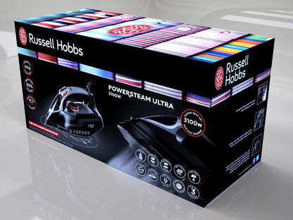 Russell Hobbs Steam Iron [3100W, 210 g/min extra steam boost, 70 g/min steam] Power Steam (350ml, ceramic soleplate, self-cleaning & spray water function, anti-limescale, drip stop) 20630