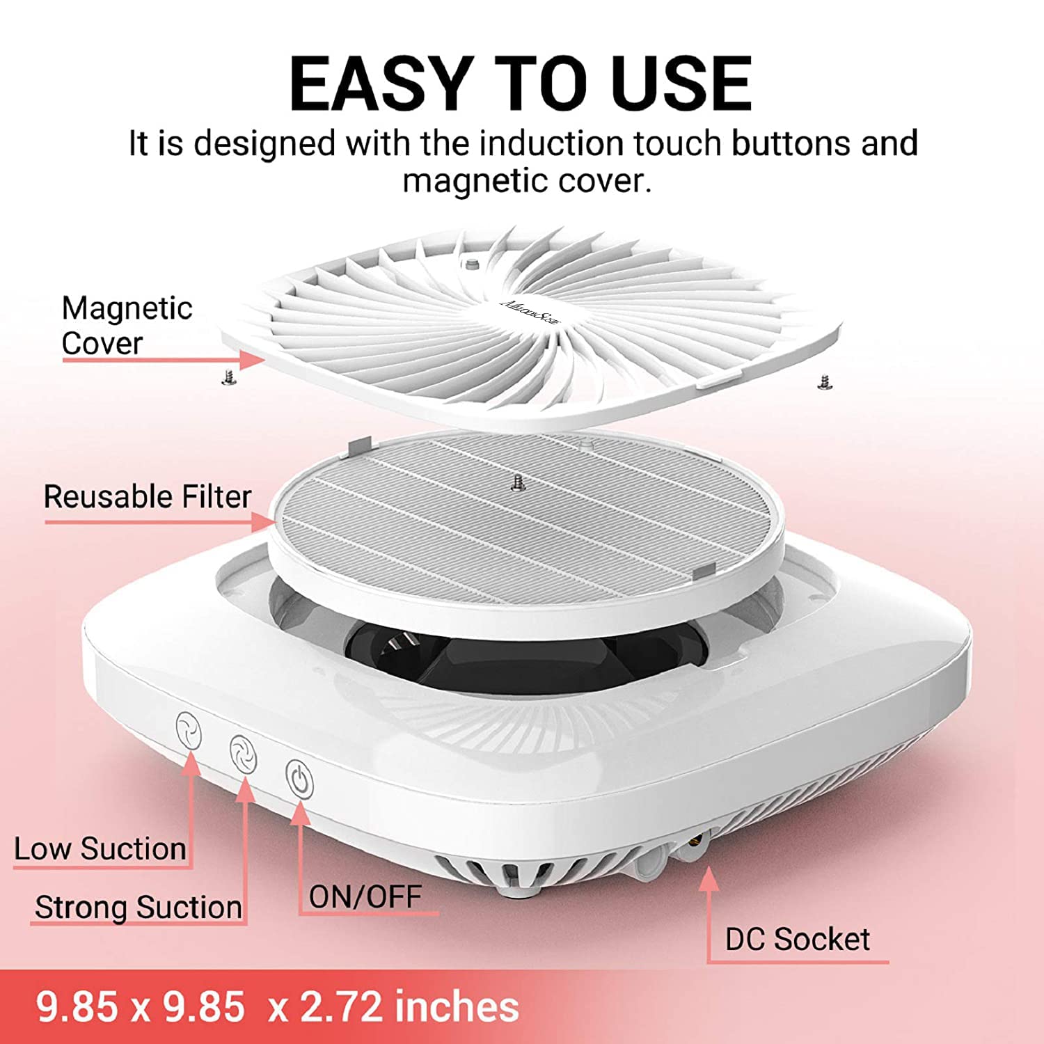 MELODYSUSIE Nail Dust Collector with Reusable Filter Low Noise Nail Vacuum Cleaner Fan Electric Nail Dust Suction Machine for Acrylic Nails Polishing, Powerful, Nail Salon (White)