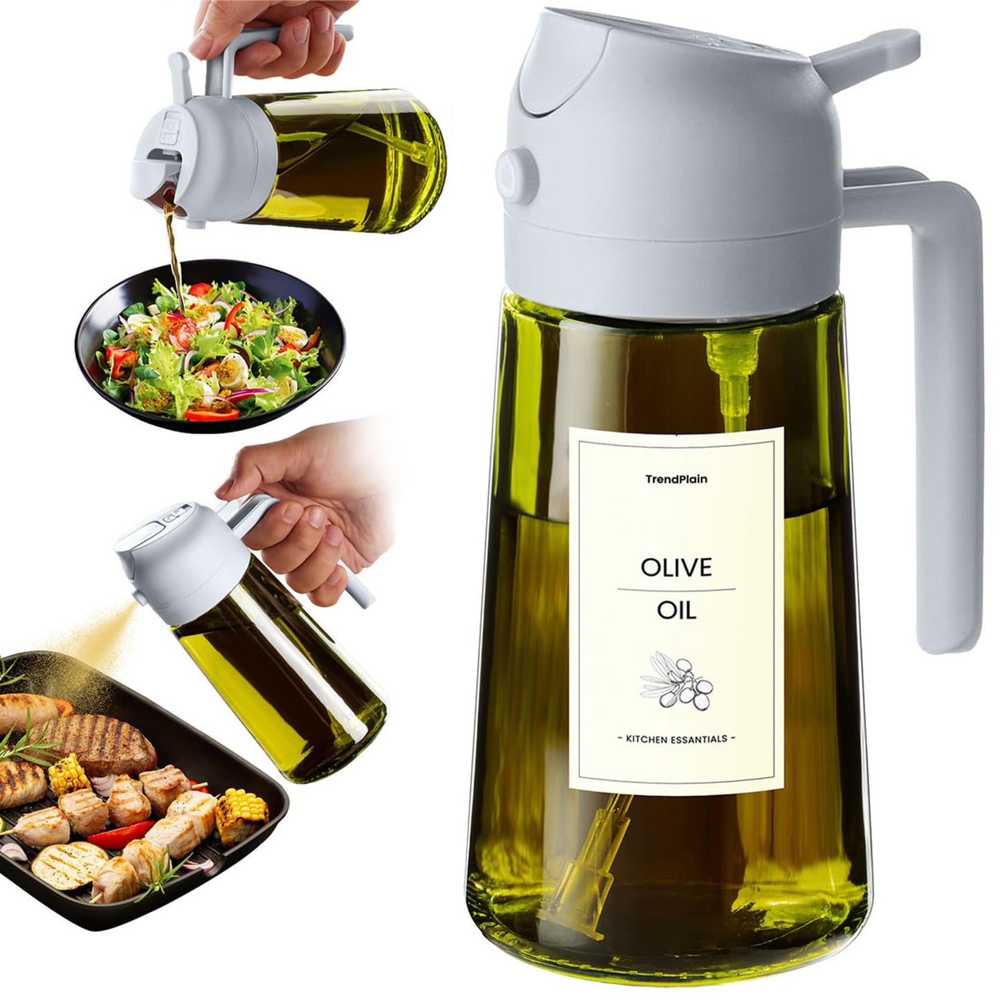 TrendPlain 470ml Olive Oil Spray Bottle - 2 in 1 Olive Oil Dispenser Bottle for Kitchen Accessories - Kitchen Gadgets, For Air Fryer - with Stickers, Light Blocking - Ash