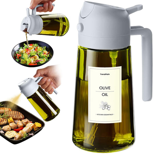 TrendPlain 470ml Olive Oil Spray Bottle - 2 in 1 Olive Oil Dispenser Bottle for Kitchen Accessories - Kitchen Gadgets, For Air Fryer - with Stickers, Light Blocking - Ash