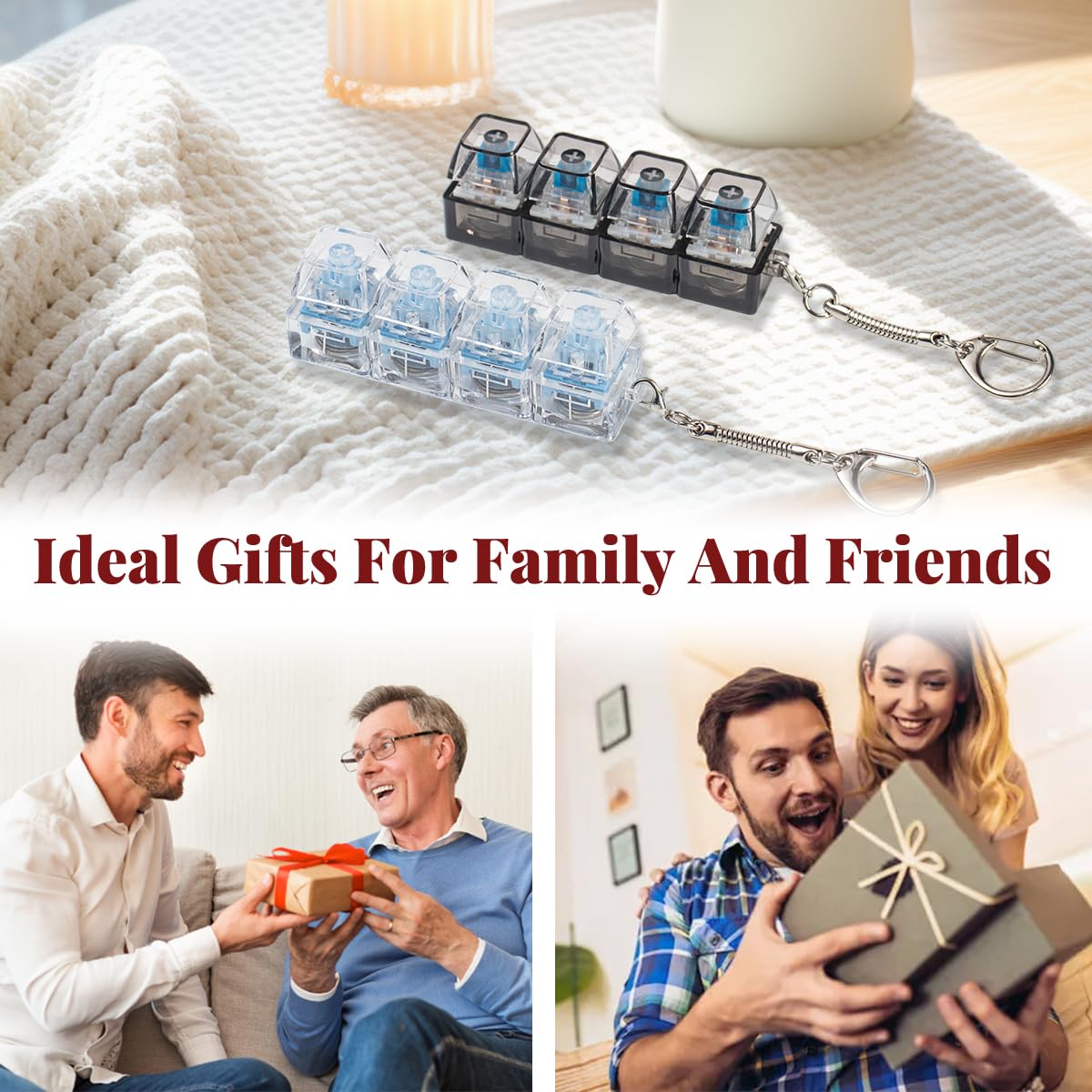 2 Pcs Keyboard Fidget Toy for Adults Fidget Keyboard Clicker Toys with LED Lights Keychain Stress Relief for Anxiety Decompression (Black and White)