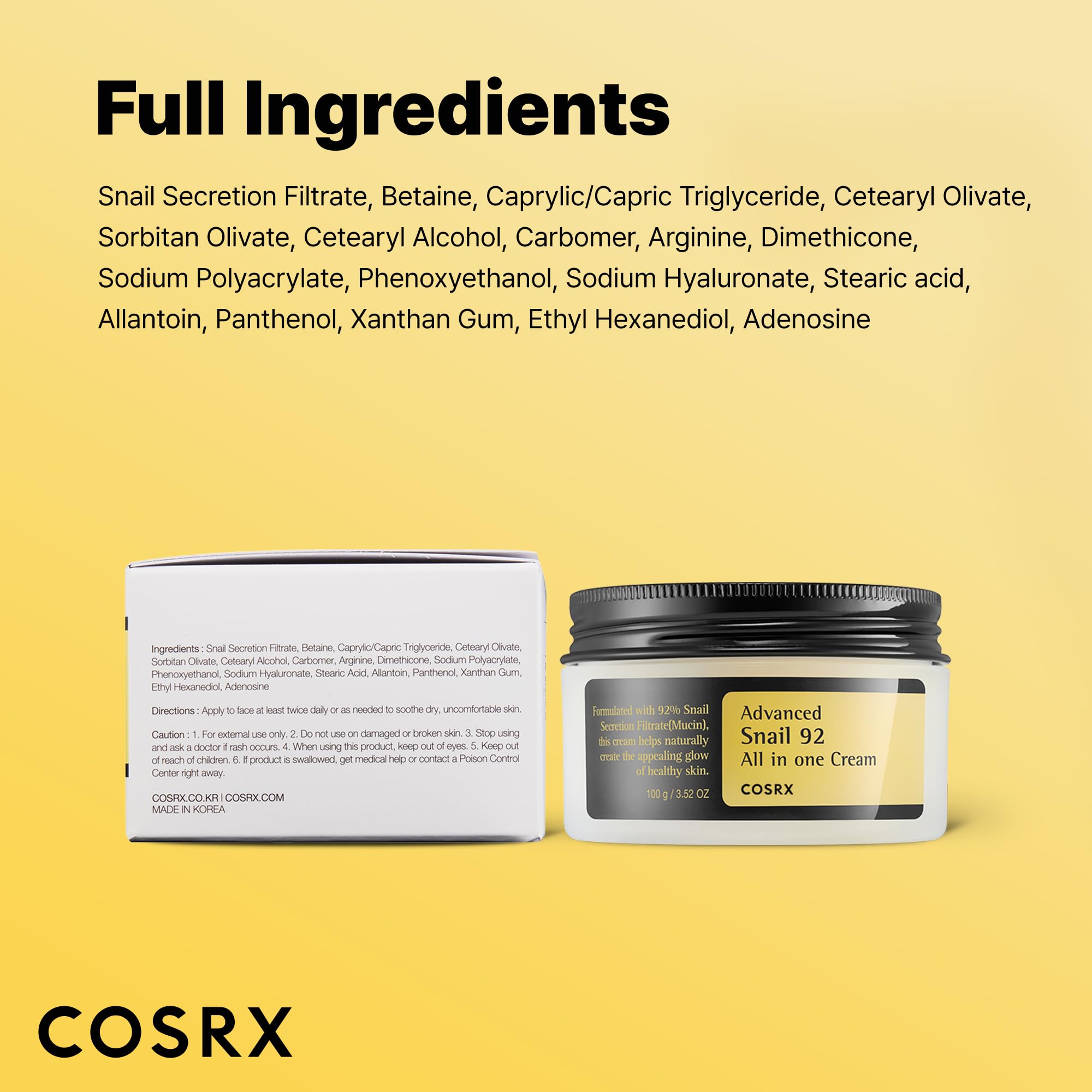 COSRX Advanced Snail 92 All in One Cream Korean Snail Mucin Face Cream & Gel Moisturiser for Dry Sensitive and Anti Aging Skin, Daily Soothing and Moisturising Cream, Korean Skincare 100g