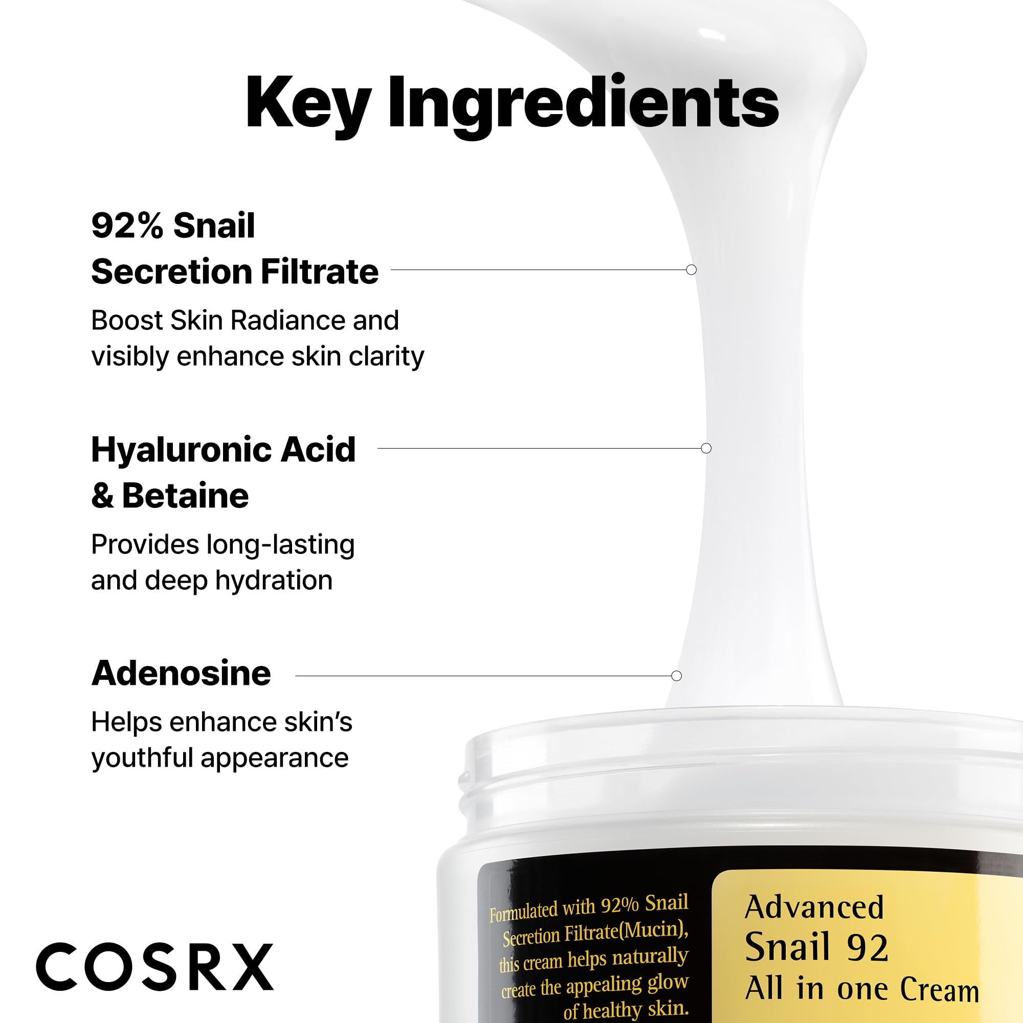 COSRX Advanced Snail 92 All in One Cream Korean Snail Mucin Face Cream & Gel Moisturiser for Dry Sensitive and Anti Aging Skin, Daily Soothing and Moisturising Cream, Korean Skincare 100g