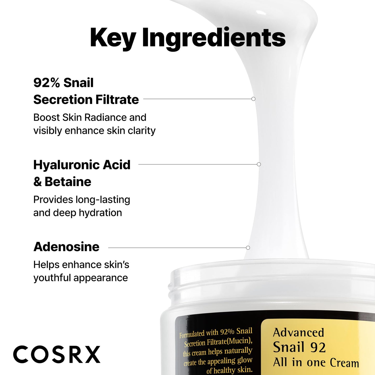 COSRX Advanced Snail 92 All in One Cream Korean Snail Mucin Face Cream & Gel Moisturiser for Dry Sensitive and Anti Aging Skin, Daily Soothing and Moisturising Cream, Korean Skincare 100g