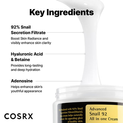 COSRX Advanced Snail 92 All in One Cream Korean Snail Mucin Face Cream & Gel Moisturiser for Dry Sensitive and Anti Aging Skin, Daily Soothing and Moisturising Cream, Korean Skincare 100g
