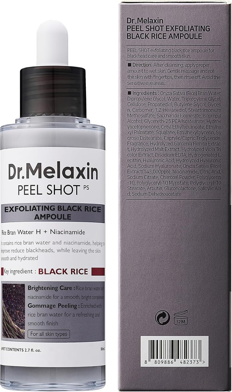 Dr.Melaxin Peel Shot Glow Black Rice Peeling Ampoule Soft Exfoliating Face And Body Scrub Dead Skin Cells Blackheads Remover For All Skin Types Korean Skin Care 80Ml