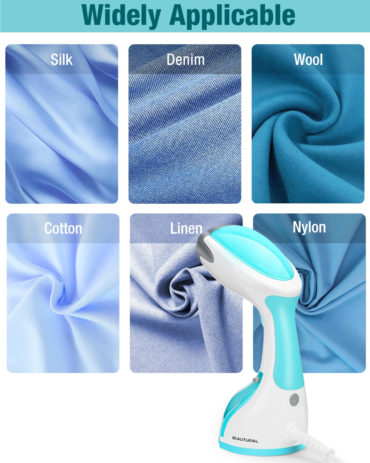 BEAUTURAL Clothes Steamer, Portable Handheld Steamer, Garment Fabric Wrinkles Remover, 30-Second Fast Heat-up, Auto-Off, Large Detachable Water Tank