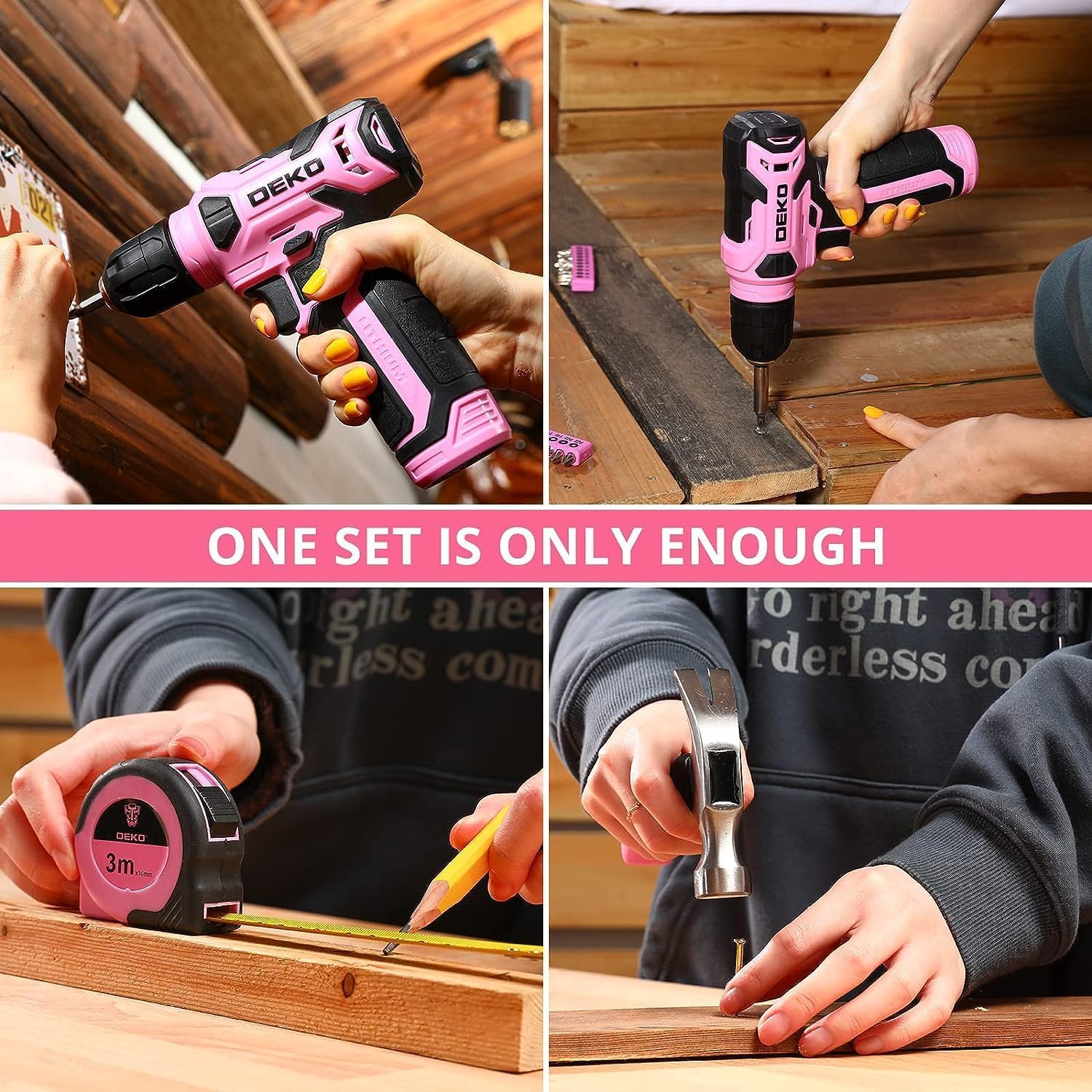 DEKO Pink Tool Kit: 126-Piece DIY Set with 8V Cordless Drill, Electric Drills & Hand Tools for Women
