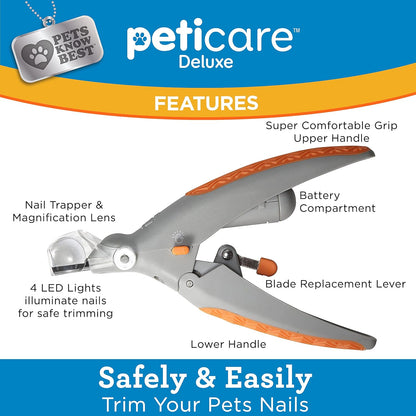 PetiCare Illuminated Dog & Cat Nail Clipper with LED Light & 5X Magnification for Safe, Precise Trimming | Pet Nail Cutter for Small & Large Breeds | Easy-to-Use Grooming Tool for Pets
