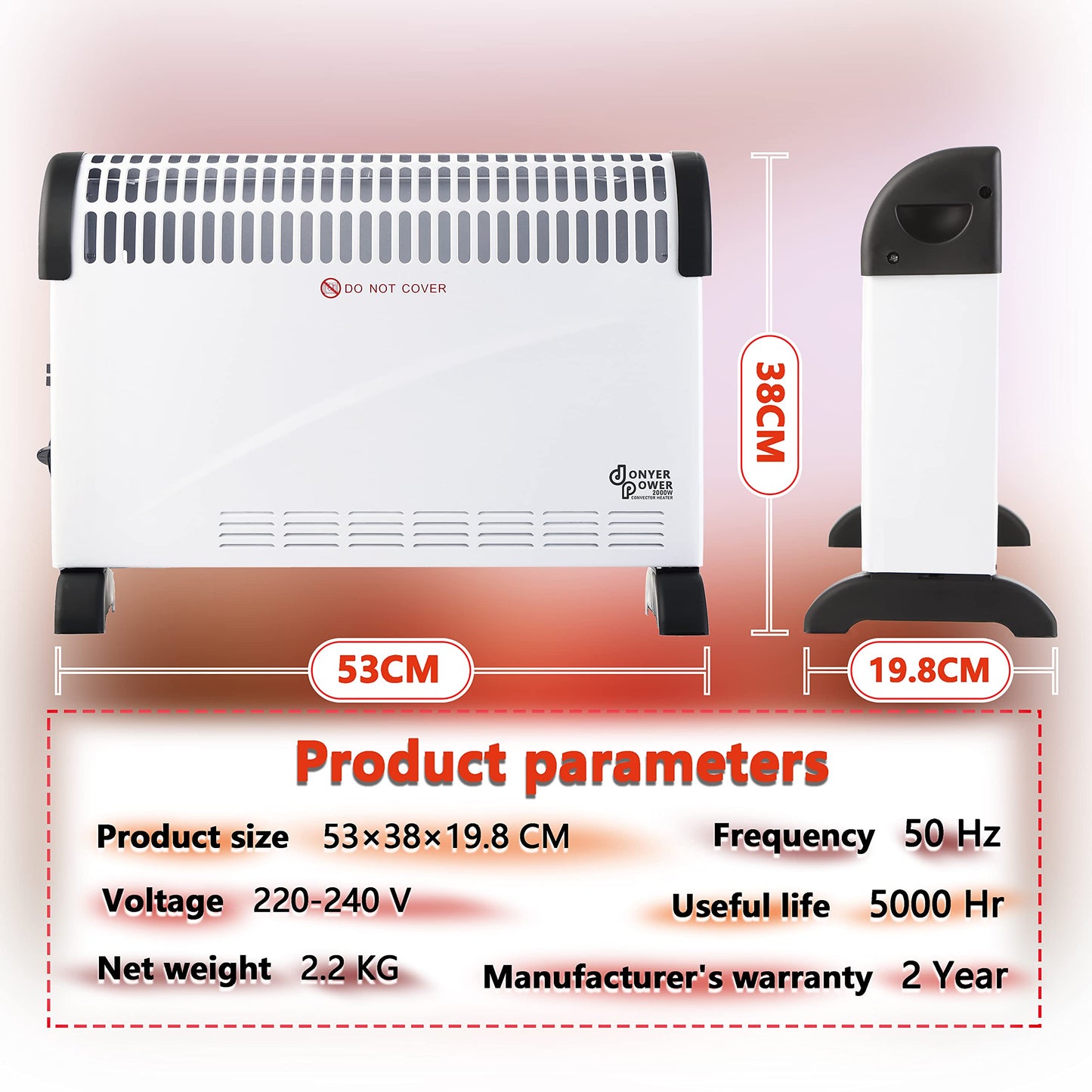 DONYER POWER Convector Radiator Heater 2000W Room Heating with Adjustable Thermostat