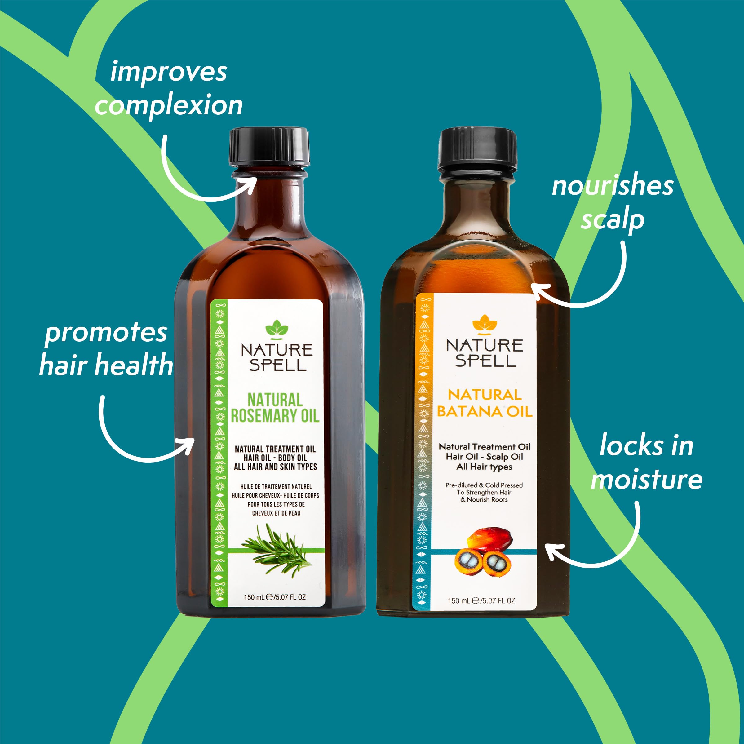 Nature Spell Hair Growth Duo with Rosemary & Batana Oils, Pre-Diluted Oil Set to Stimulate Growth & Strengthen Dry Strands, with Applicator & Pump, For All Hair Types, Vegan