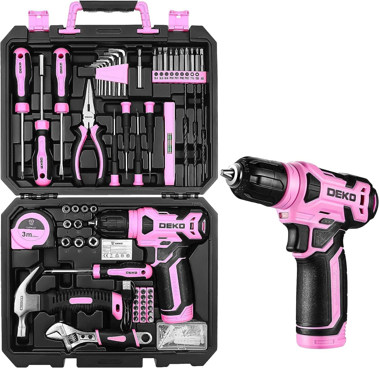 DEKO Pink Tool Kit: 126-Piece DIY Set with 8V Cordless Drill, Electric Drills & Hand Tools for Women