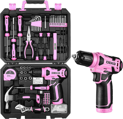 DEKO Pink Tool Kit: 126-Piece DIY Set with 8V Cordless Drill, Electric Drills & Hand Tools for Women