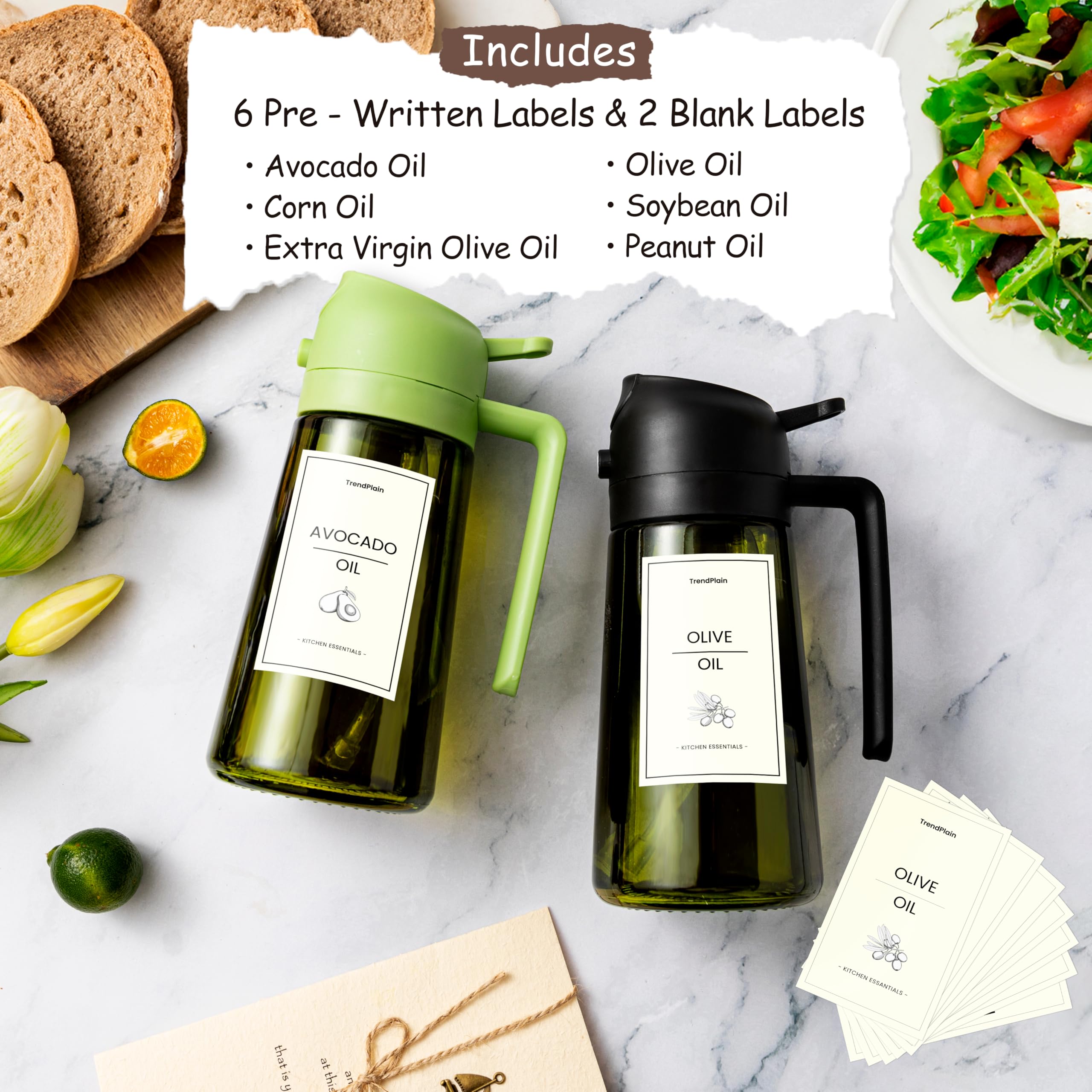 TrendPlain 470ml Olive Oil Spray Bottle - 2 in 1 Olive Oil Dispenser Bottle for Kitchen Accessories - Kitchen Gadgets, For Air Fryer - with Stickers, Light Blocking - Ash