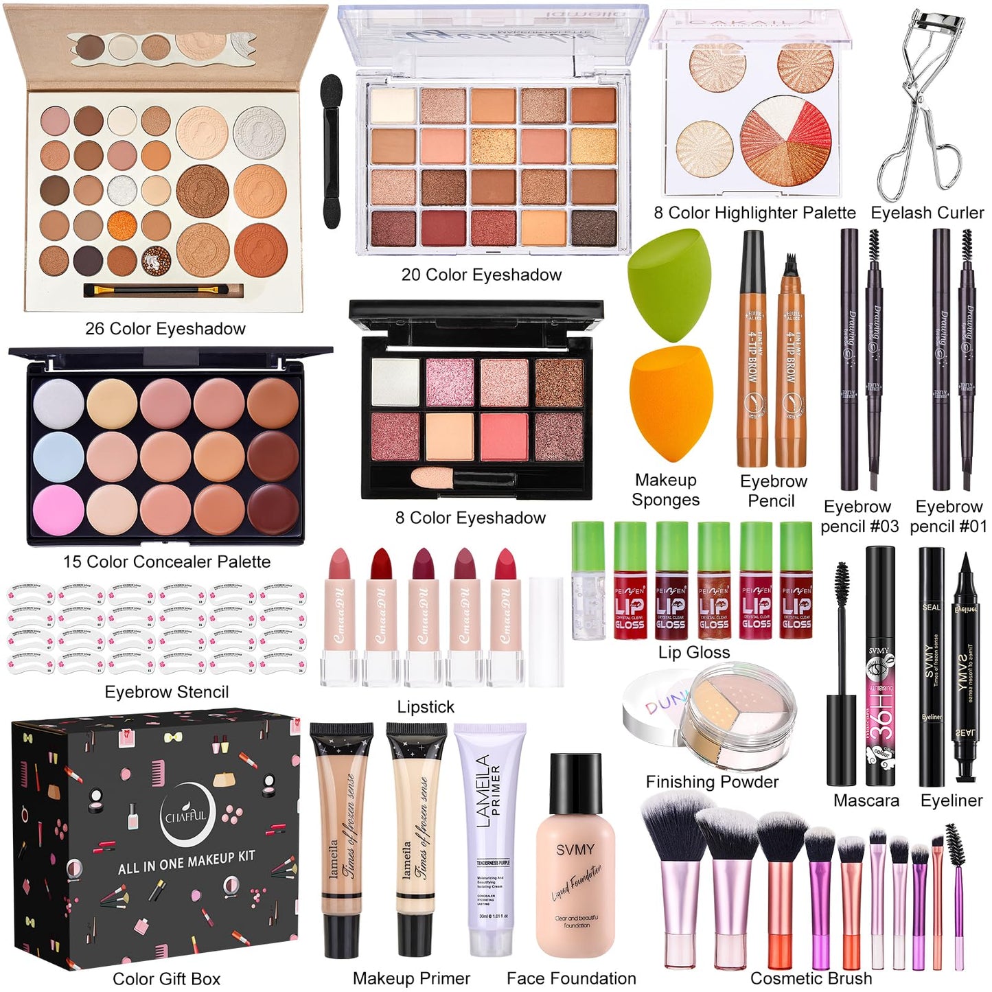 All in One Makeup Kit, Makeup Kit for Women Full Kit, Make Up Gift Set for Women, Makeup Essential Bundle Includes Foundation Eyeshadow Palette Concealer Lipstick Eyeliner Mascara Cosmetic Brush Set