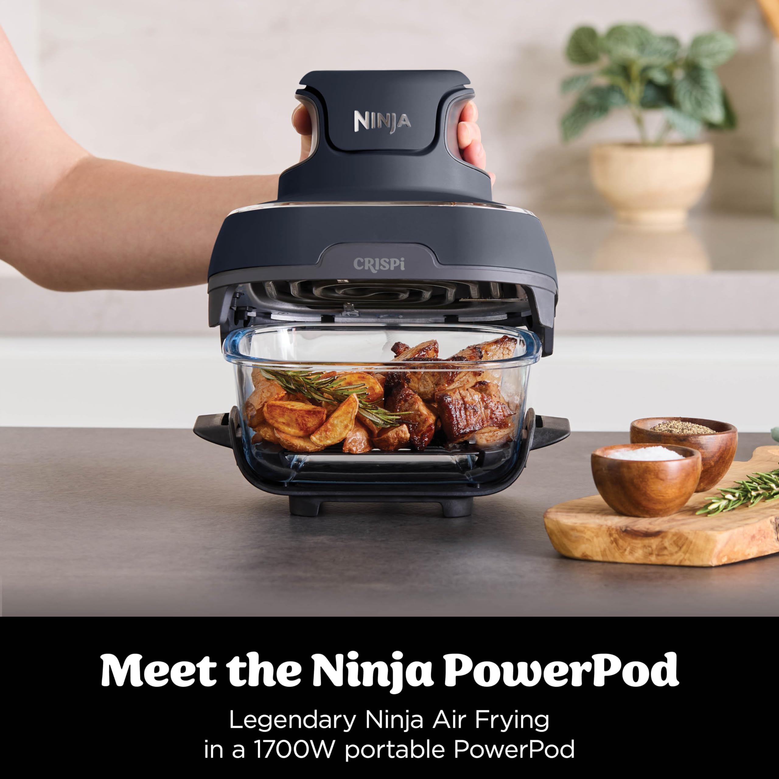Ninja CRISPi Portable Air Fryer, 3.8L, 4-in-1: Air Fry, Roast, Keep Warm, Recrisp, Space Saving Compact Design, 2x Removable Glass Containers & Lids, 1700W, Cyber Space Blue FN101UKGY