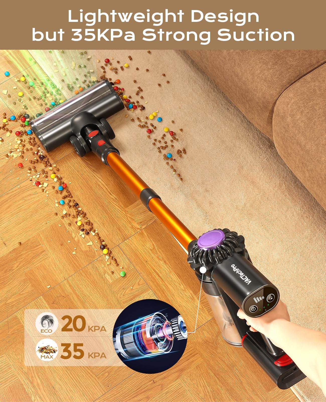 VACTechPro Cordless Vacuum Cleaner, 35KPA 6-in-1 Stick Vacuum, Up to 45Mins Runtime Lightweight Vacuums with Detachable Battery, for Hardwood Floor Carpet Car Pet Hair