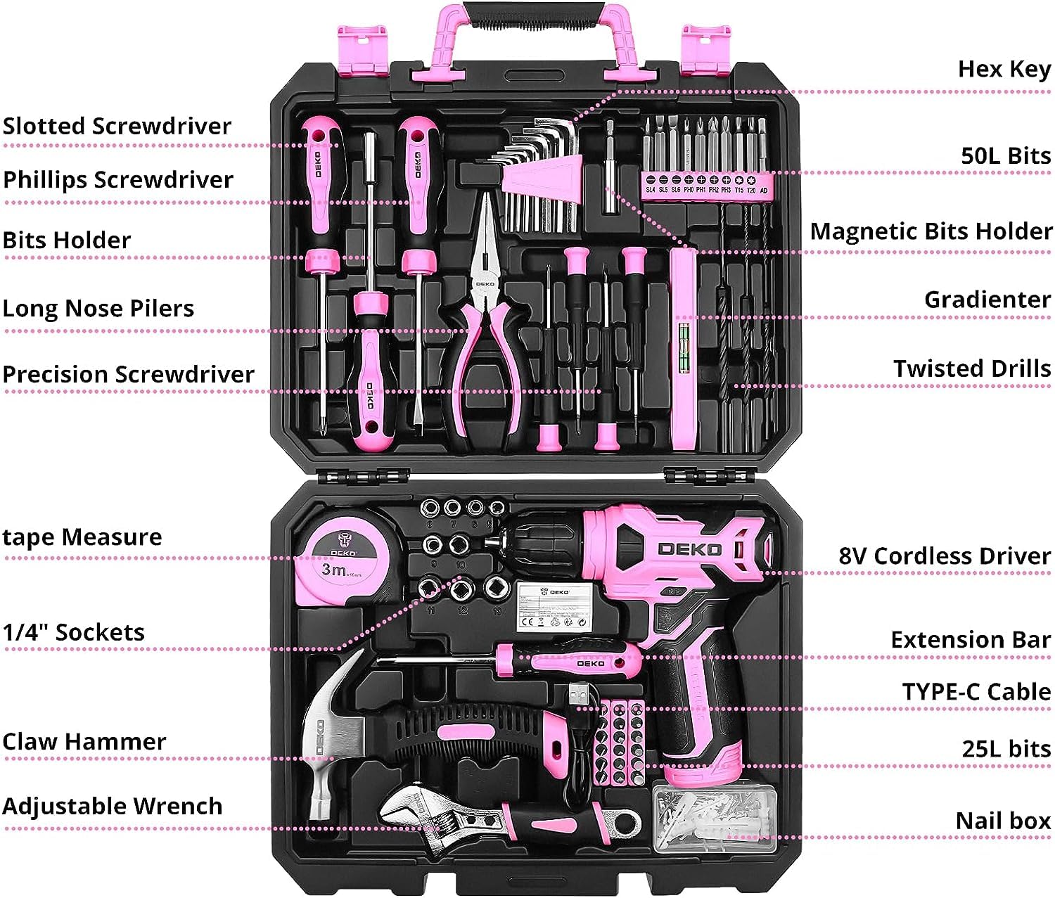 DEKO Pink Tool Kit: 126-Piece DIY Set with 8V Cordless Drill, Electric Drills & Hand Tools for Women