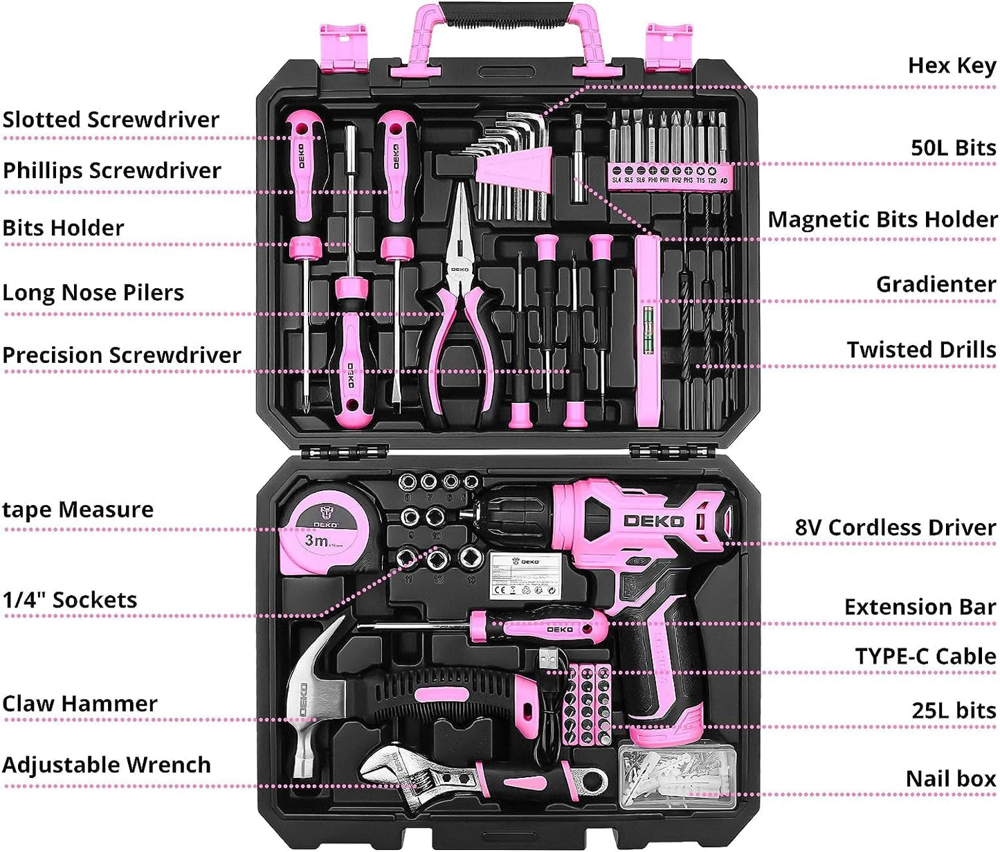 DEKO Pink Tool Kit: 126-Piece DIY Set with 8V Cordless Drill, Electric Drills & Hand Tools for Women