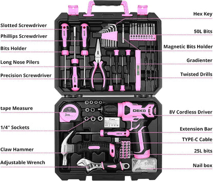 DEKO Pink Tool Kit: 126-Piece DIY Set with 8V Cordless Drill, Electric Drills & Hand Tools for Women