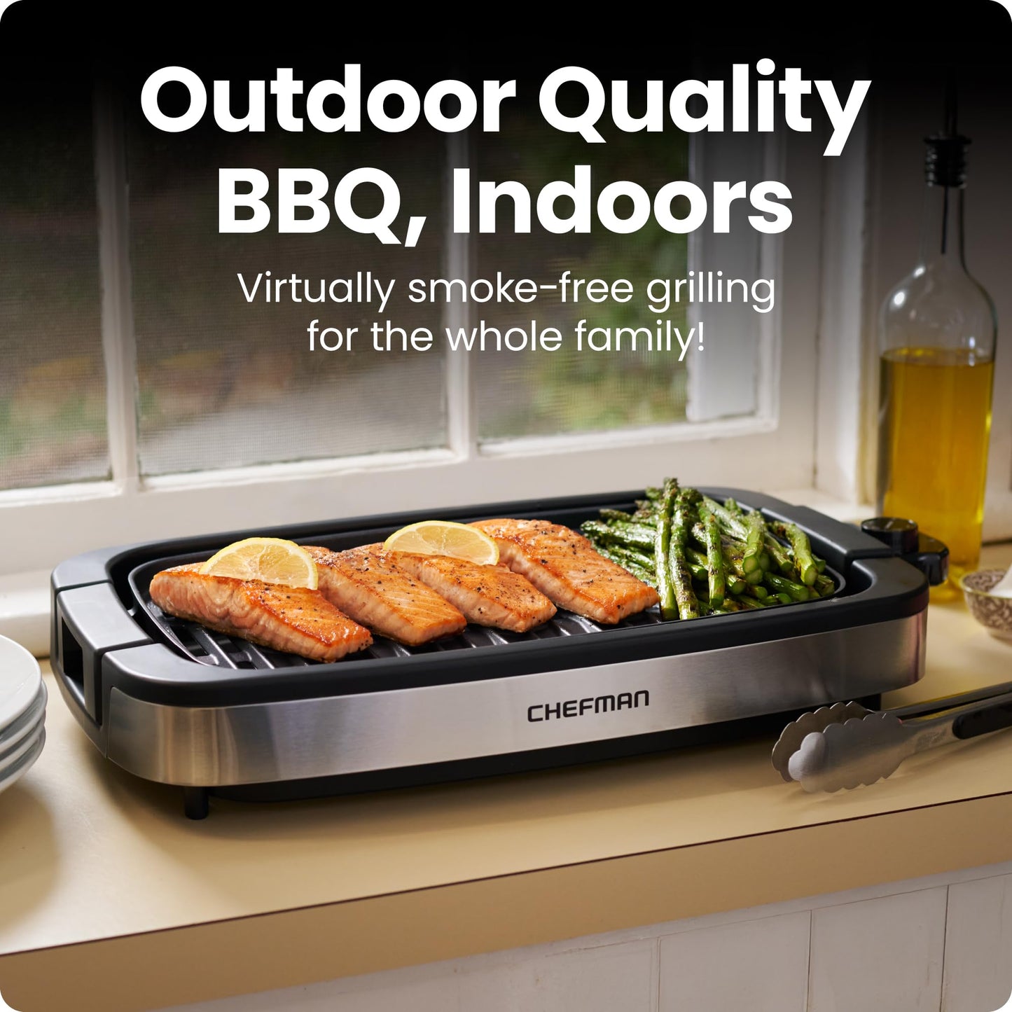 Chefman Indoor Electric Grill 1400W-1650W, 38x23 Large Grilling Surface, Nonstick Table Top Grill for Indoor Grilling and BBQ with Adjustable Temperature Control, Drip Tray, Dishwasher - Safe Parts