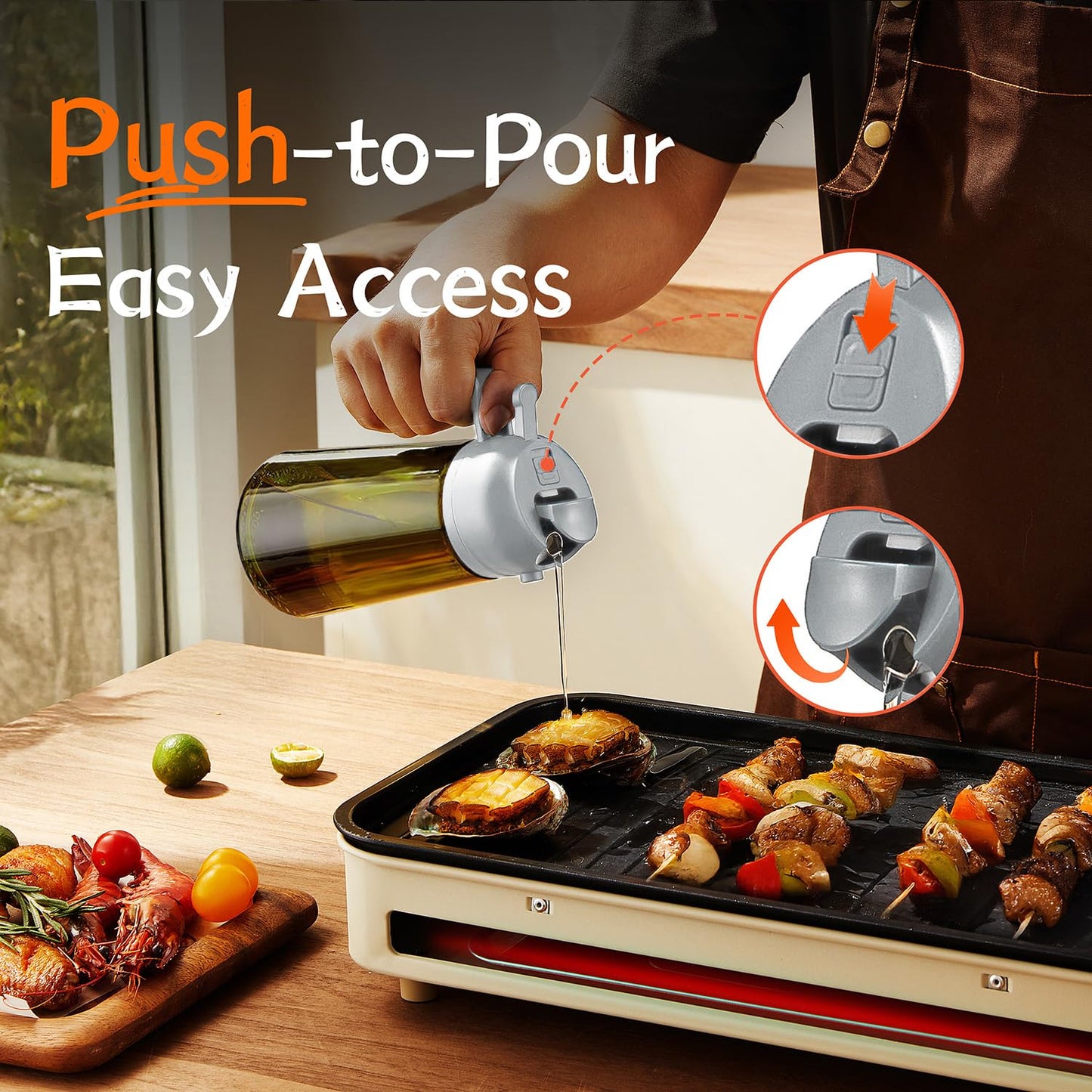 TrendPlain 470ml Olive Oil Spray Bottle - 2 in 1 Olive Oil Dispenser Bottle for Kitchen Accessories - Kitchen Gadgets, For Air Fryer - with Stickers, Light Blocking - Ash