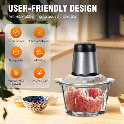 Bear 2L+1.8L 600W Electric Food Processors & Chopper with Glass Container and 304 Stainless Steel Container, 2 Speed Settings, 4 Stainless Steel Blades for Chopping Meat, Baby Food, Fruit, Vegetable