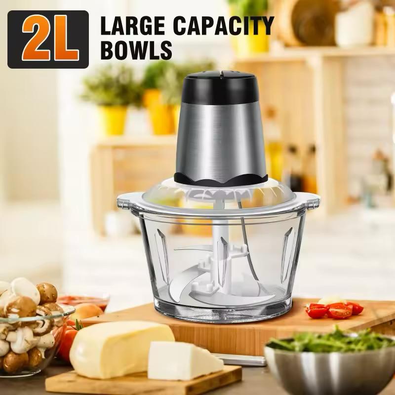 Bear 2L+1.8L 600W Electric Food Processors & Chopper with Glass Container and 304 Stainless Steel Container, 2 Speed Settings, 4 Stainless Steel Blades for Chopping Meat, Baby Food, Fruit, Vegetable