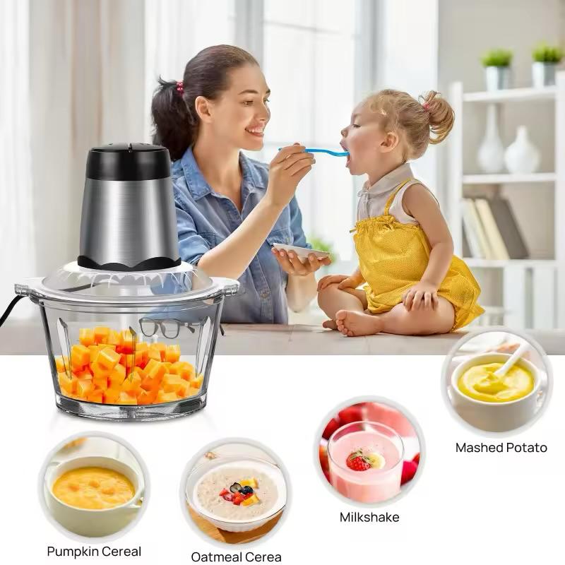 Bear 2L+1.8L 600W Electric Food Processors & Chopper with Glass Container and 304 Stainless Steel Container, 2 Speed Settings, 4 Stainless Steel Blades for Chopping Meat, Baby Food, Fruit, Vegetable